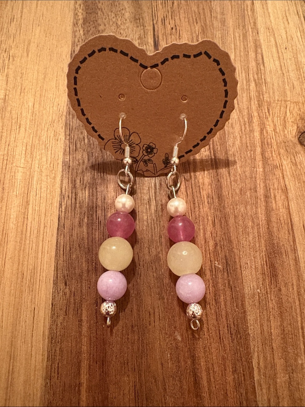 Handcrafted Pastel Drop Earrings- Dyed Quartz & Jade, Strawberry Quartz